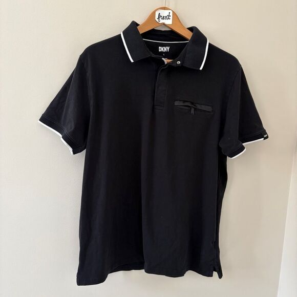 DKNY Black Polo Shirt White-Trimmed Collar see pix for stains/blemishes Men's L - Picture 6 of 11